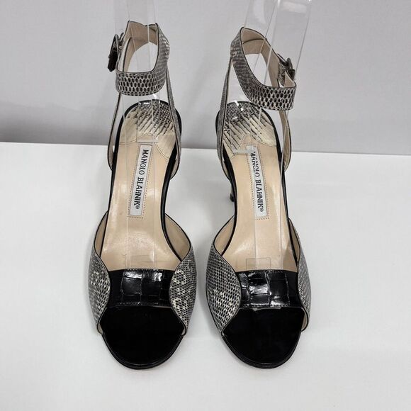 Manolo Blahnik Lizard & Alligator Shoes Ankle Straps Black & Beige Size 36‎ 1/2 - Picture 1 of 6
